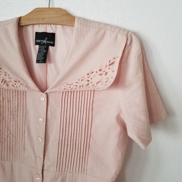 Vtg Positive Attitude Womens 12P Button Up Dress Sailor Collar Linen Blend Pink - Picture 3 of 9